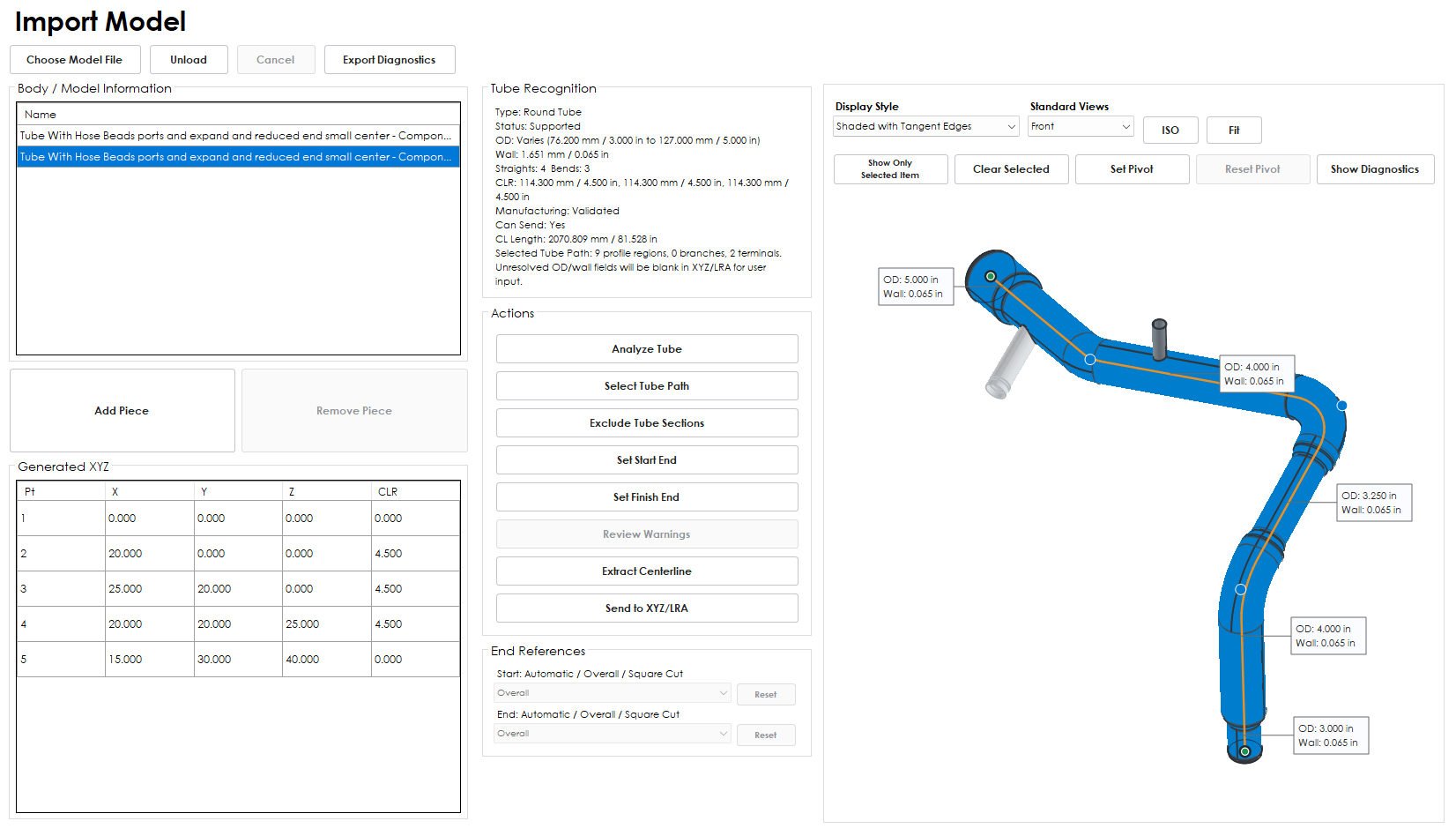 BS Tube Import Model interface showing recognized tube geometry, generated XYZ, and a centerline preview
