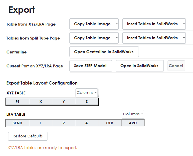 BS Tube Export page with table, split-tube, centerline, and part exports plus customizable table columns